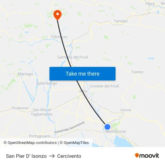 San Pier D' Isonzo to Cercivento map
