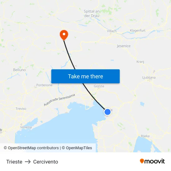 Trieste to Cercivento map