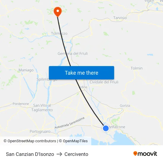 San Canzian D'Isonzo to Cercivento map
