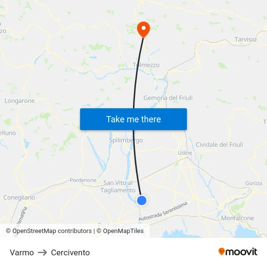 Varmo to Cercivento map