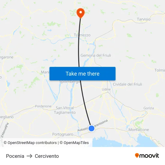 Pocenia to Cercivento map