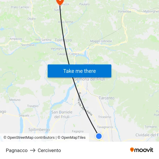Pagnacco to Cercivento map