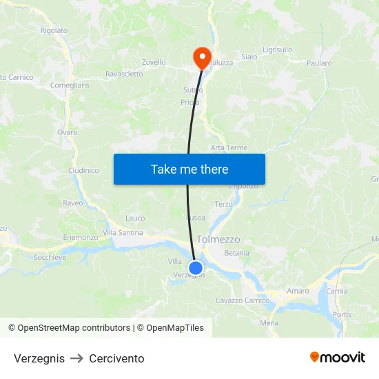 Verzegnis to Cercivento map