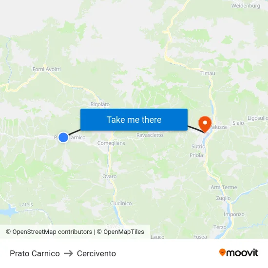 Prato Carnico to Cercivento map