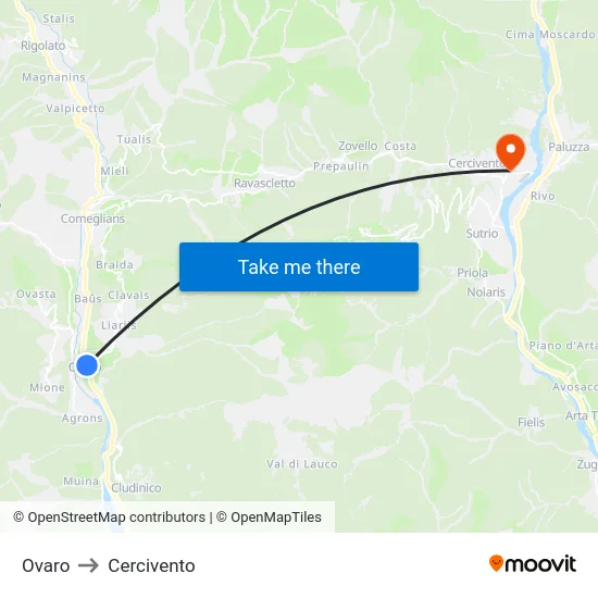 Ovaro to Cercivento map