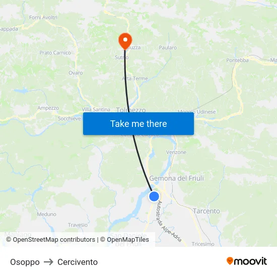 Osoppo to Cercivento map