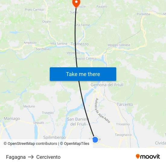 Fagagna to Cercivento map