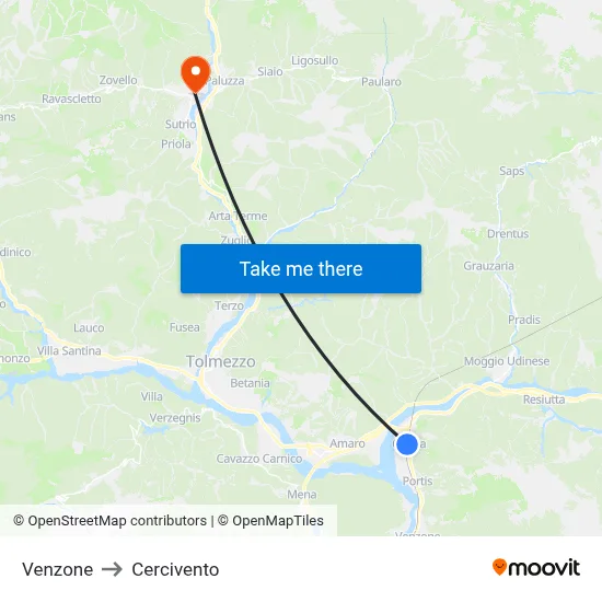Venzone to Cercivento map