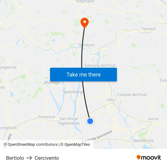 Bertiolo to Cercivento map