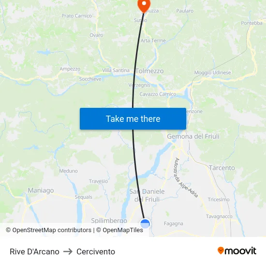 Rive D'Arcano to Cercivento map
