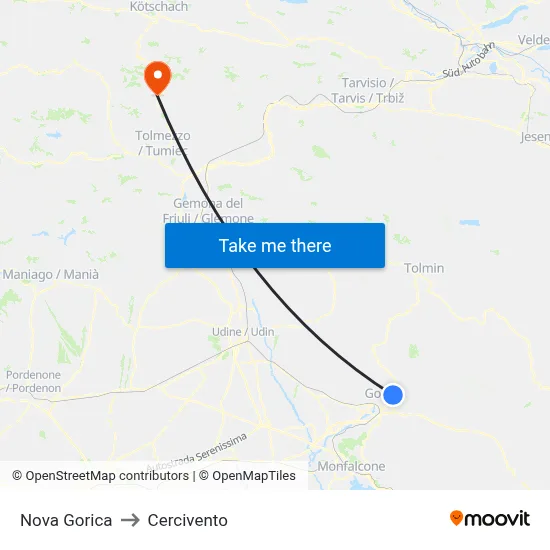 Nova Gorica to Cercivento map