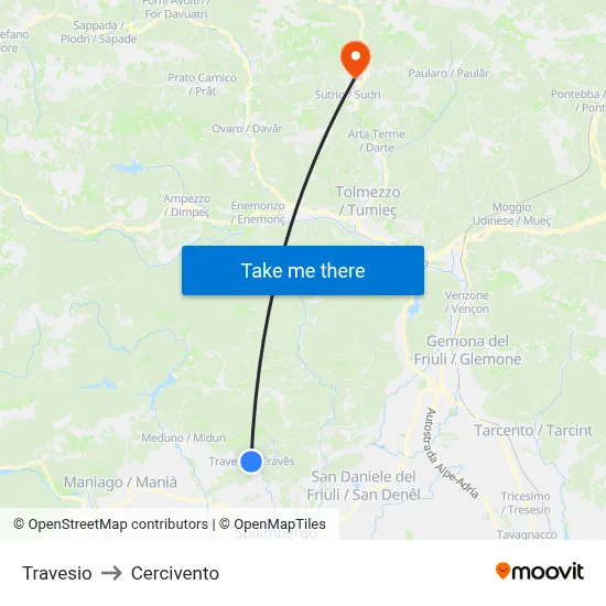 Travesio to Cercivento map