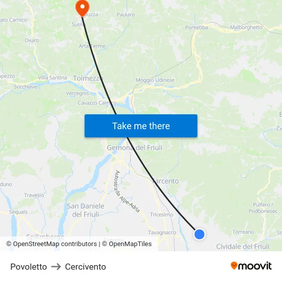 Povoletto to Cercivento map