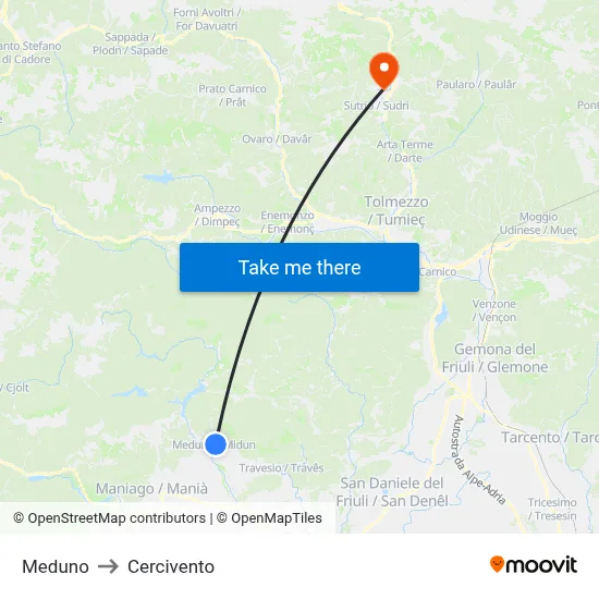 Meduno to Cercivento map