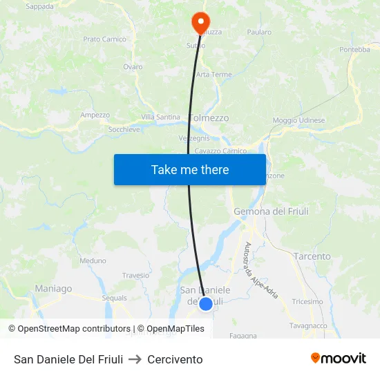 San Daniele Del Friuli to Cercivento map