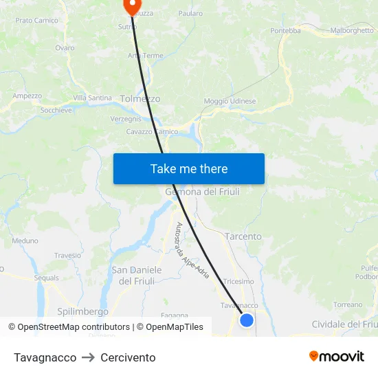 Tavagnacco to Cercivento map