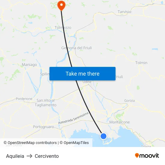 Aquileia to Cercivento map