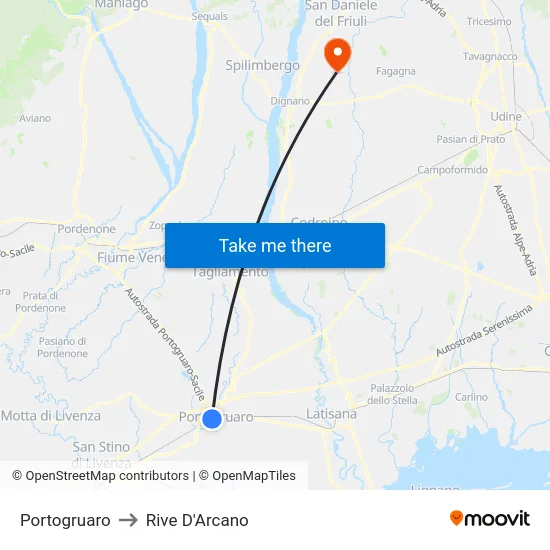 Portogruaro to Rive D'Arcano map