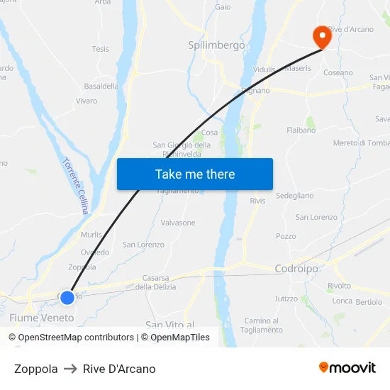 Zoppola to Rive d'Arcano map