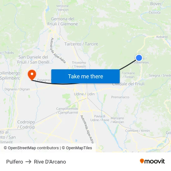 Pulfero to Rive d'Arcano map