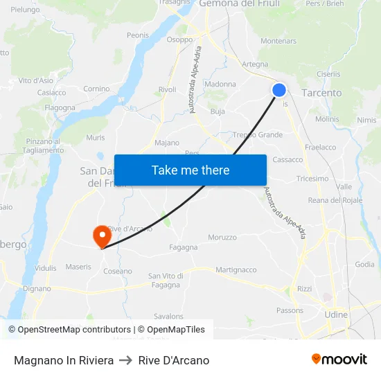 Magnano In Riviera to Rive D'Arcano map