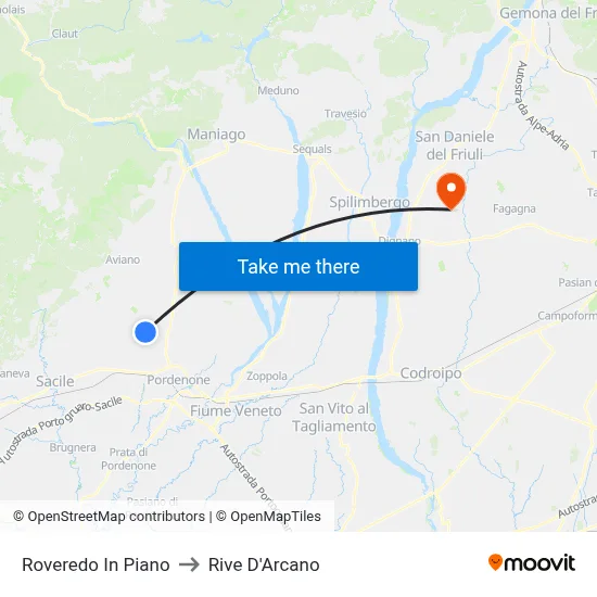 Roveredo In Piano to Rive D'Arcano map