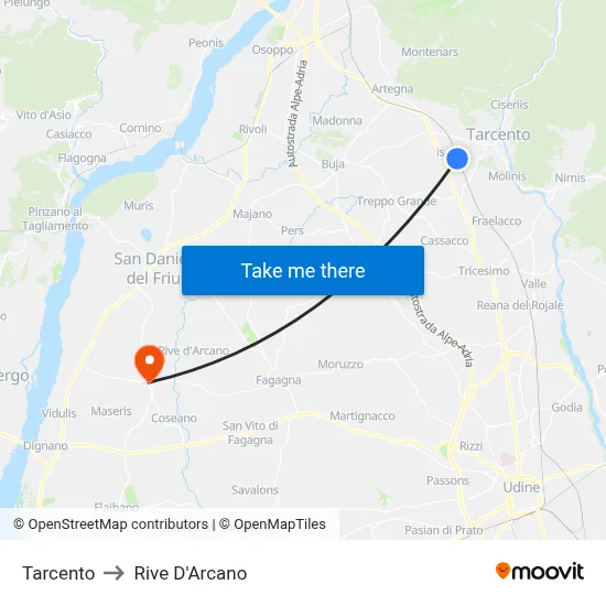 Tarcento to Rive d'Arcano map