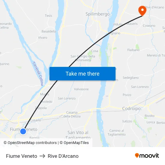 Fiume Veneto to Rive d'Arcano map