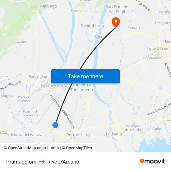 Pramaggiore to Rive d'Arcano map