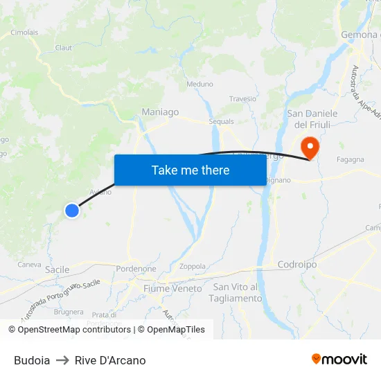 Budoia to Rive D'Arcano map