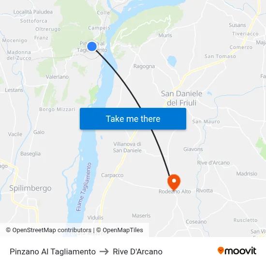 Pinzano Al Tagliamento to Rive D'Arcano map
