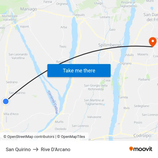 San Quirino to Rive D'Arcano map
