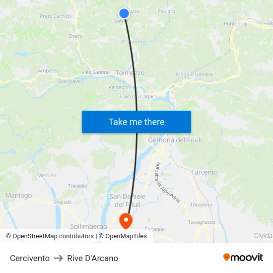 Cercivento to Rive D'Arcano map