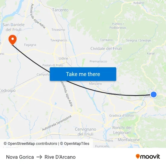Nova Gorica to Rive d'Arcano map