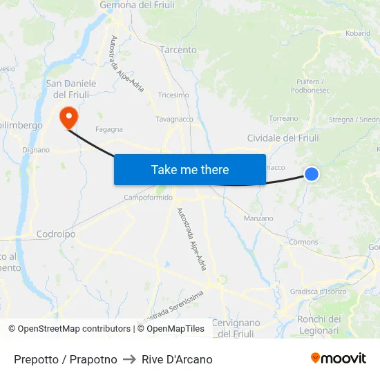 Prepotto / Prapotno to Rive D'Arcano map