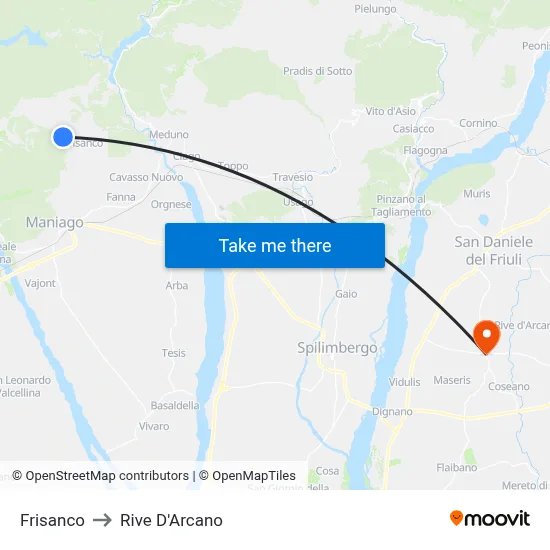 Frisanco to Rive D'Arcano map