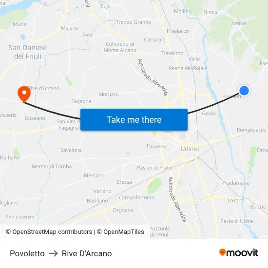 Povoletto to Rive D'Arcano map