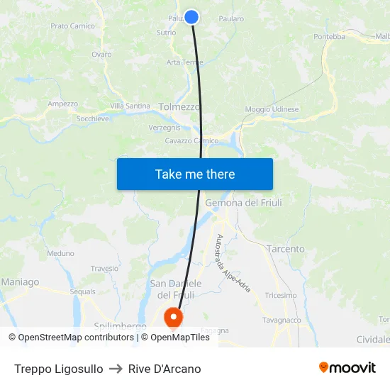 Treppo Ligosullo to Rive D'Arcano map