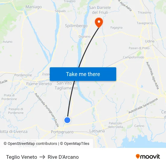 Teglio Veneto to Rive d'Arcano map