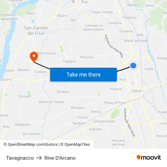 Tavagnacco to Rive D'Arcano map