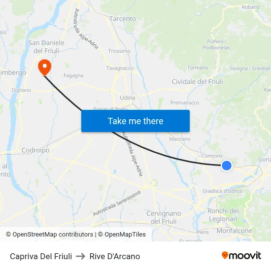 Capriva del Friuli to Rive d'Arcano map