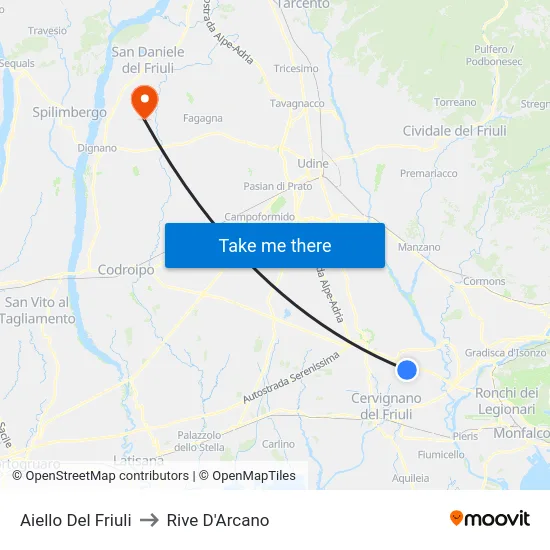 Aiello Del Friuli to Rive D'Arcano map