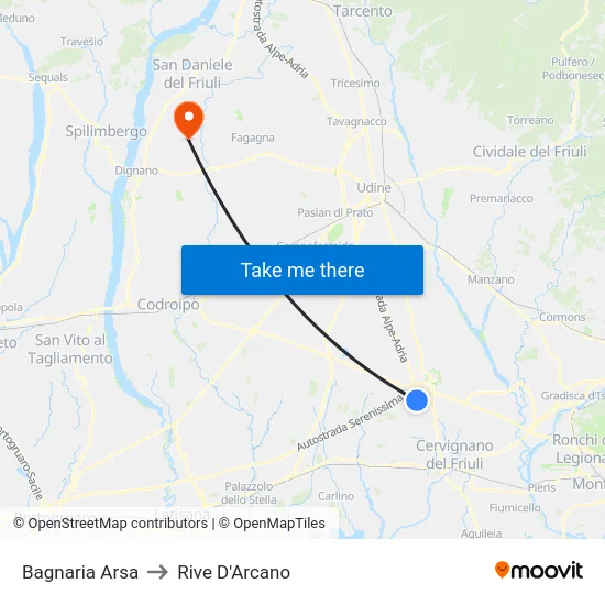 Bagnaria Arsa to Rive D'Arcano map