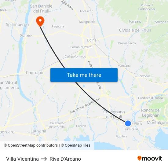 Villa Vicentina to Rive D'Arcano map