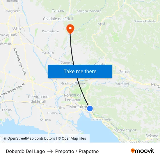Doberdò Del Lago to Prepotto / Prapotno map