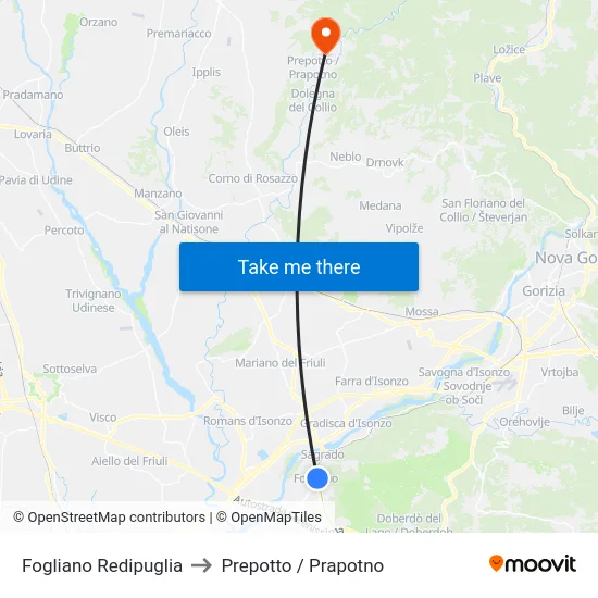 Fogliano Redipuglia to Prepotto / Prapotno map