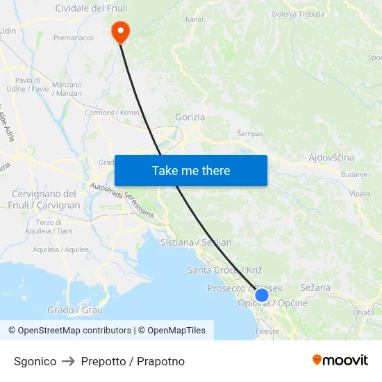Sgonico to Prepotto / Prapotno map