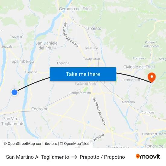 San Martino Al Tagliamento to Prepotto / Prapotno map
