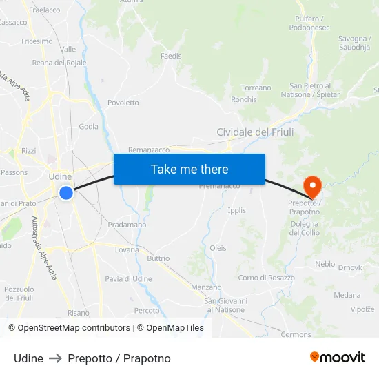 Udine to Prepotto / Prapotno map