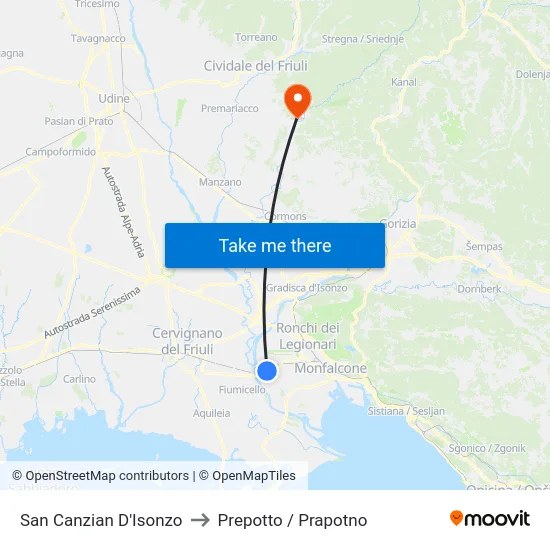 San Canzian D'Isonzo to Prepotto / Prapotno map